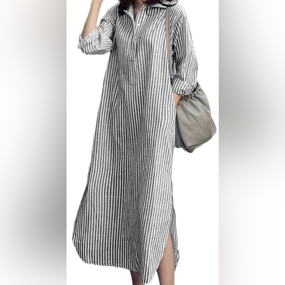 chouyatou Women Casual Long Sleeve V Neck Striped Shift Dress Loose Long Maxi m